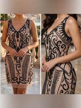 Aidan Mattox Nude and Black Beaded V-Neck Mini Dress size 8 NWT